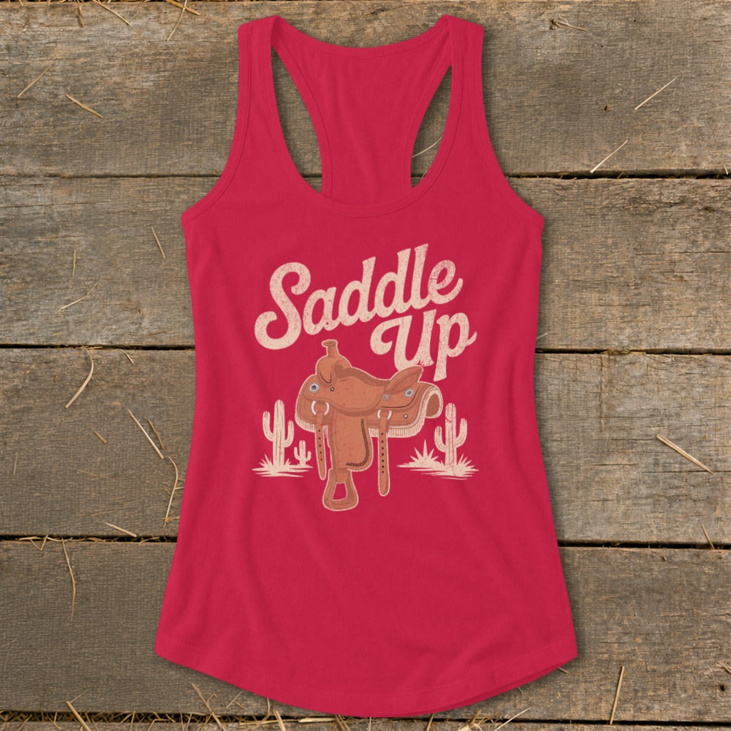 Red tank top with "Saddle Up" text, saddle graphic, and cacti.