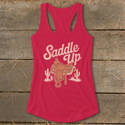 Red tank top with "Saddle Up" text, saddle graphic, and cacti.