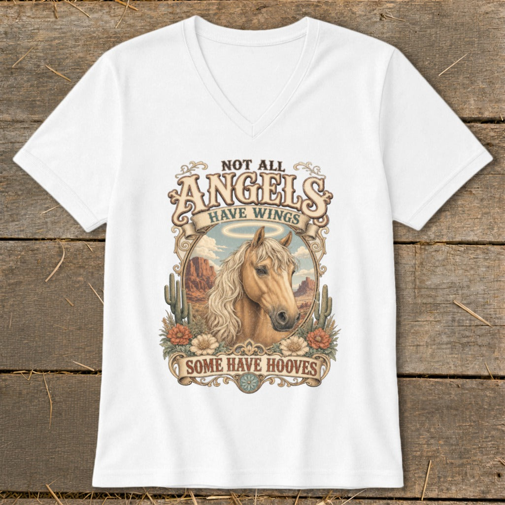 White t-shirt with a distressed graphic of a horse and the text "Not All Angels Have Wings, Some Have Hooves."