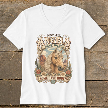 White t-shirt with a distressed graphic of a horse and the text "Not All Angels Have Wings, Some Have Hooves."