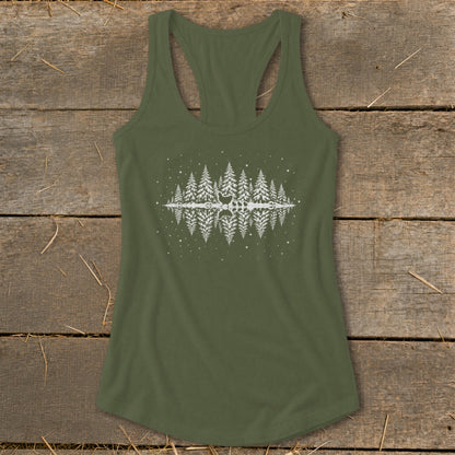 Green tank top with a white graphic of trees, a deer, and stars reflected in water.