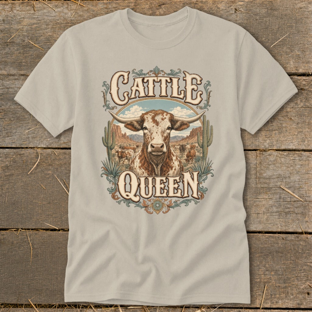 Longhorn cattle with "Cattle Queen" text in a desert landscape.
