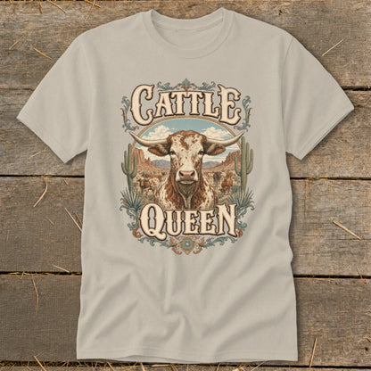 Longhorn cattle with "Cattle Queen" text in a desert landscape.