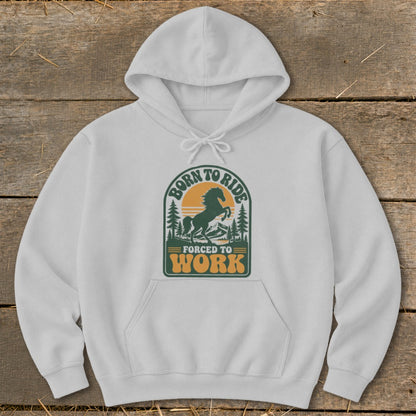 White hoodie with "Born to Ride Forced to Work" graphic featuring a horse and sunset.