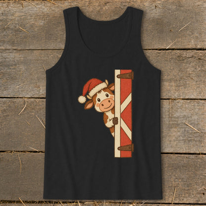 Black tank top with a cartoon cow wearing a Santa hat peeking from behind a barn door.
