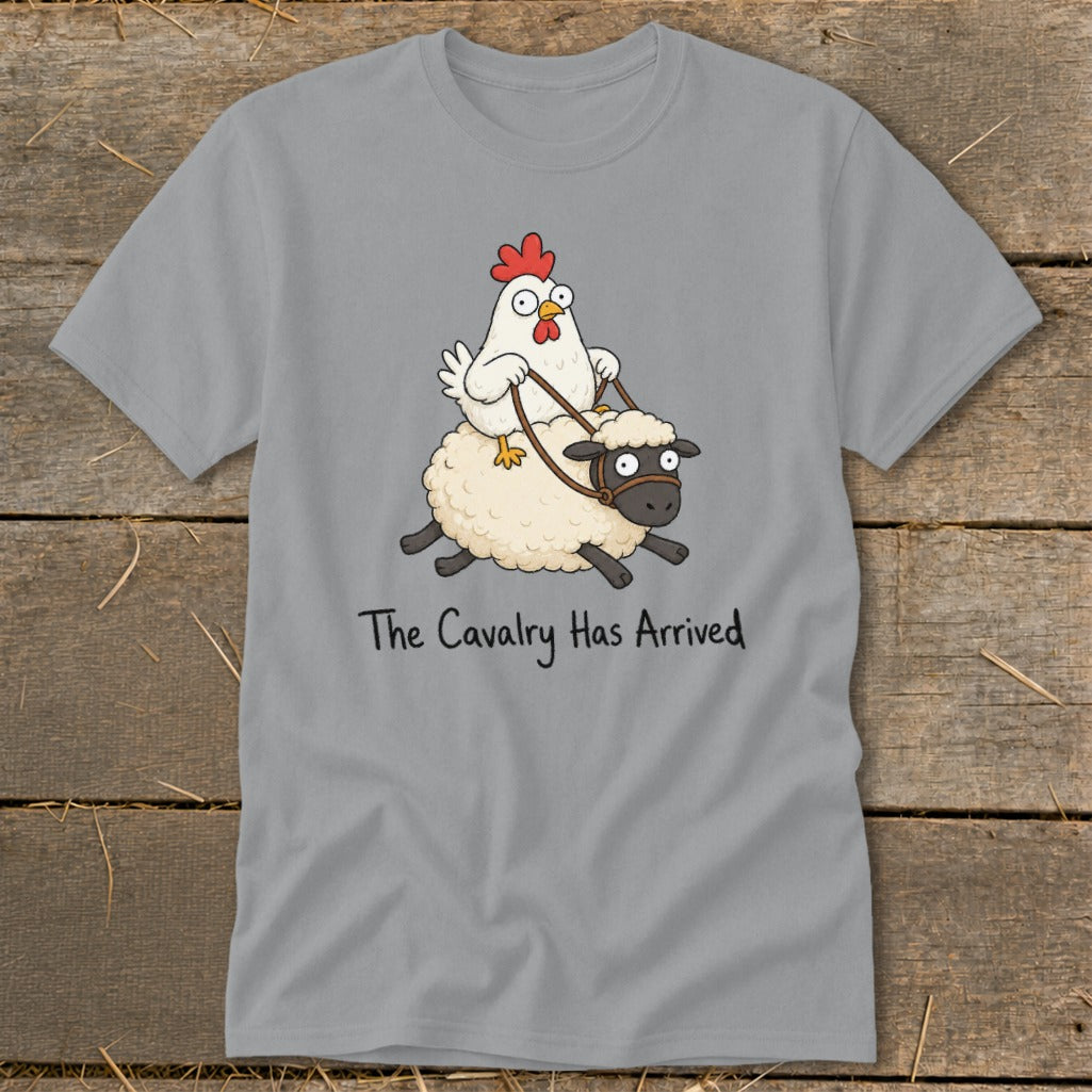 Cartoon chicken riding a sheep with text "The Cavalry Has Arrived."