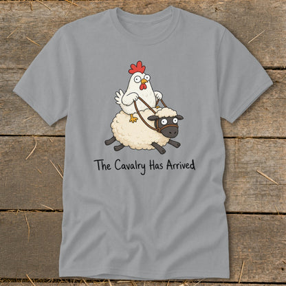 Cartoon chicken riding a sheep with text "The Cavalry Has Arrived."