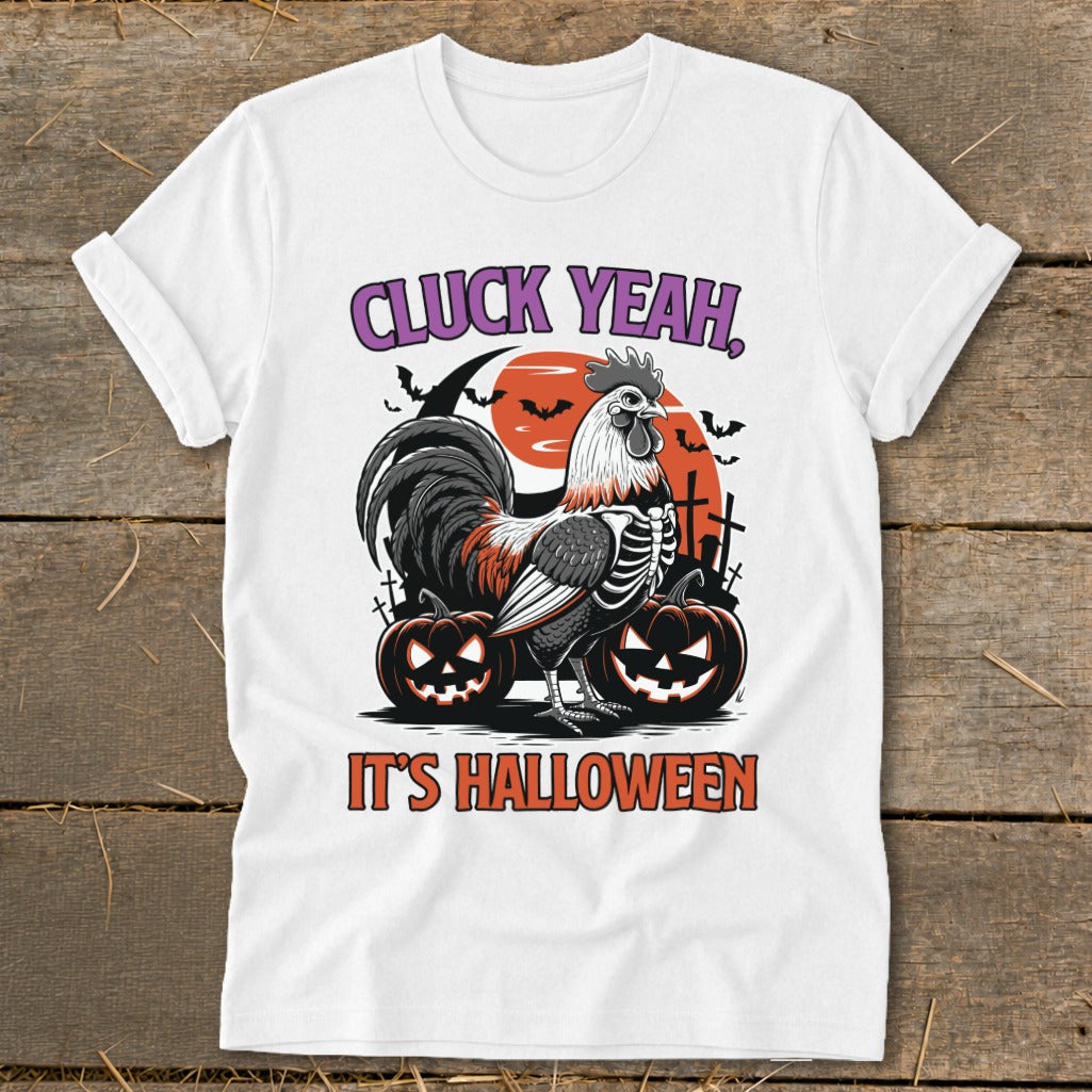 Rooster skeleton with pumpkins, bats, and text "CLUCK YEAH, IT'S HALLOWEEN."