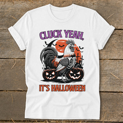 Rooster skeleton with pumpkins, bats, and text "CLUCK YEAH, IT'S HALLOWEEN."