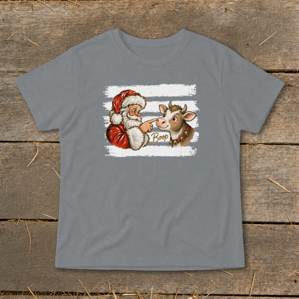 Santa booping a cow's nose with the word "Boop" on a grey t-shirt.