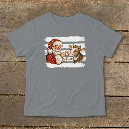 Santa booping a cow's nose with the word "Boop" on a grey t-shirt.