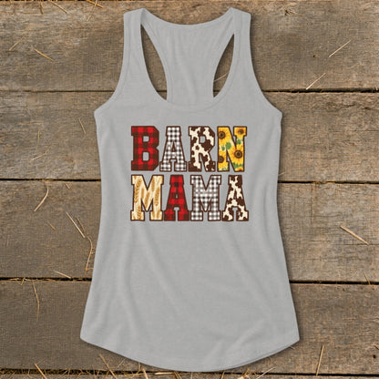 Grey tank top with "BARN MAMA" text in textured, patterned letters.