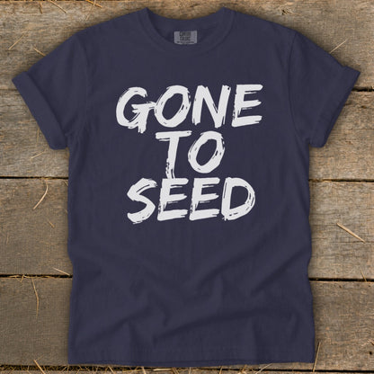 Navy t-shirt with white text "GONE TO SEED"