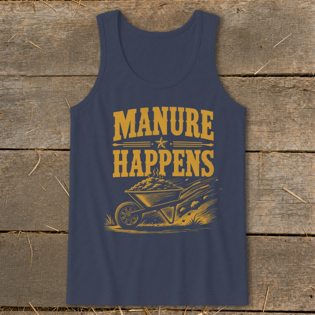 Navy tank top with "MANURE HAPPENS" text and wheelbarrow graphic.