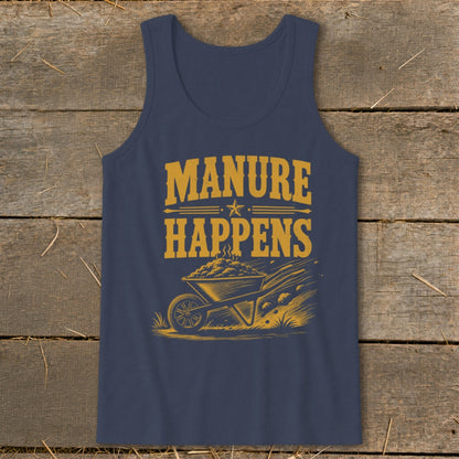 Navy tank top with "MANURE HAPPENS" text and wheelbarrow graphic.