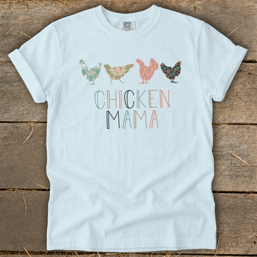 Light blue t-shirt with "CHICKEN MAMA" text and four floral patterned chickens.