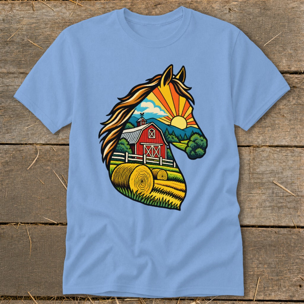 Light blue crewneck t-shirt featuring a colorful graphic of a horse head filled with a farm landscape.
