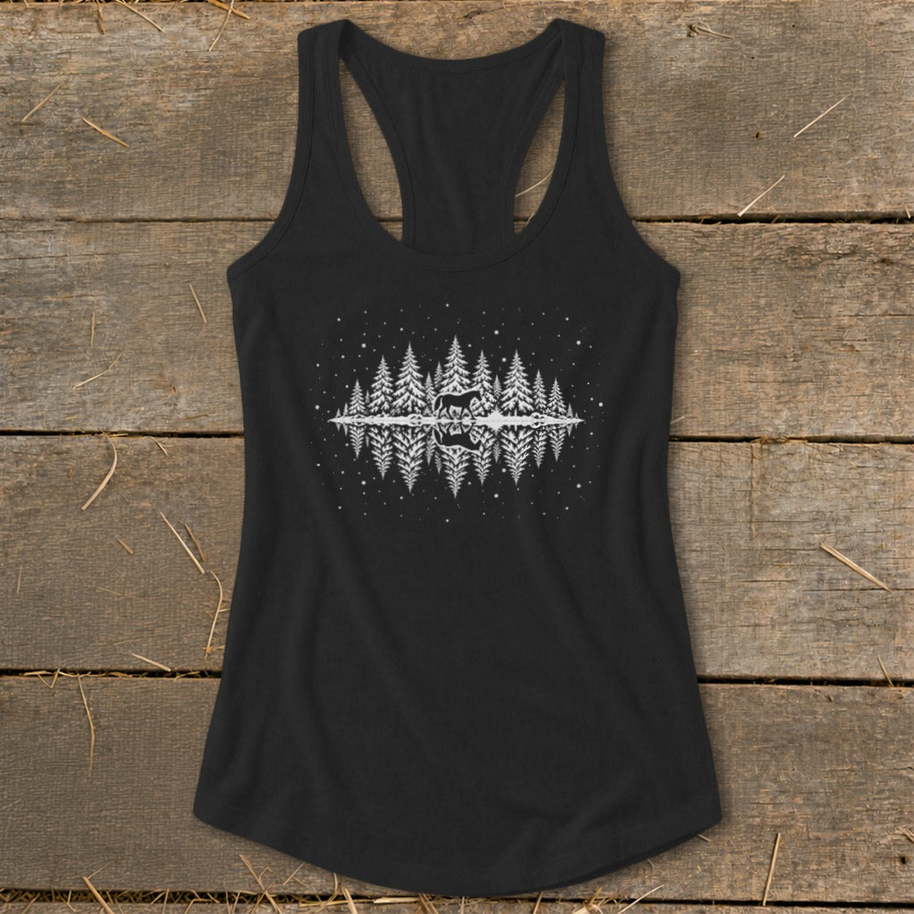 Black tank top with white trees, stars, and reflected deer graphic.
