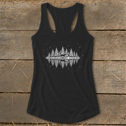 Black tank top with white trees, stars, and reflected deer graphic.