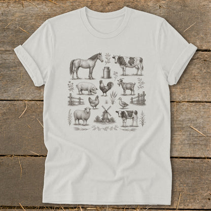 White t-shirt with a vintage farm animal sketch print.