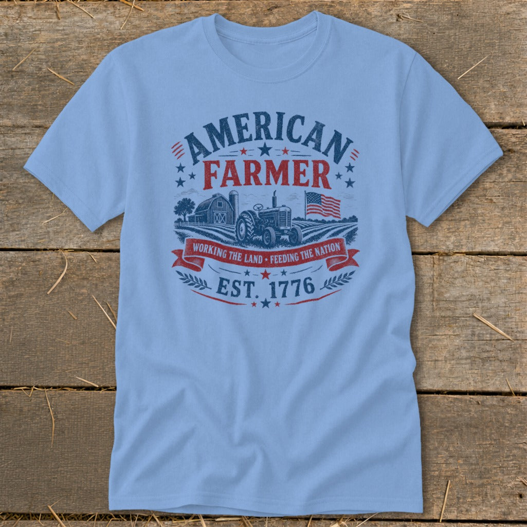 Light blue t-shirt with "American Farmer" graphic and tractor scene.