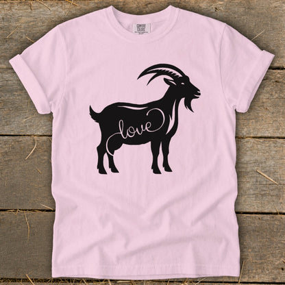 Pink t-shirt with black goat silhouette and "love" script.