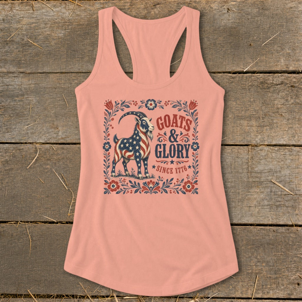 Tank top with a patriotic goat graphic and text "GOATS & GLORY SINCE 1776".