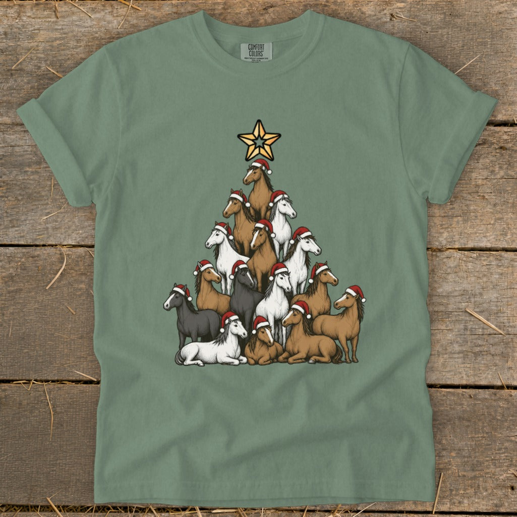 Christmas tree formed by horses wearing Santa hats, topped with a star.