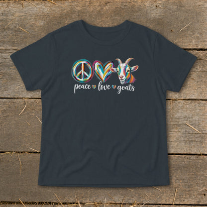 Dark t-shirt with peace, heart, and colorful goat graphic and text "peace love goats".