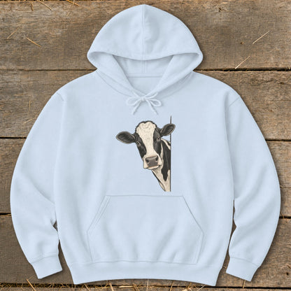 Light blue hoodie with a black and white cow peeking from the side.