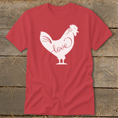 Red t-shirt with a white chicken graphic and the word "love" inside.