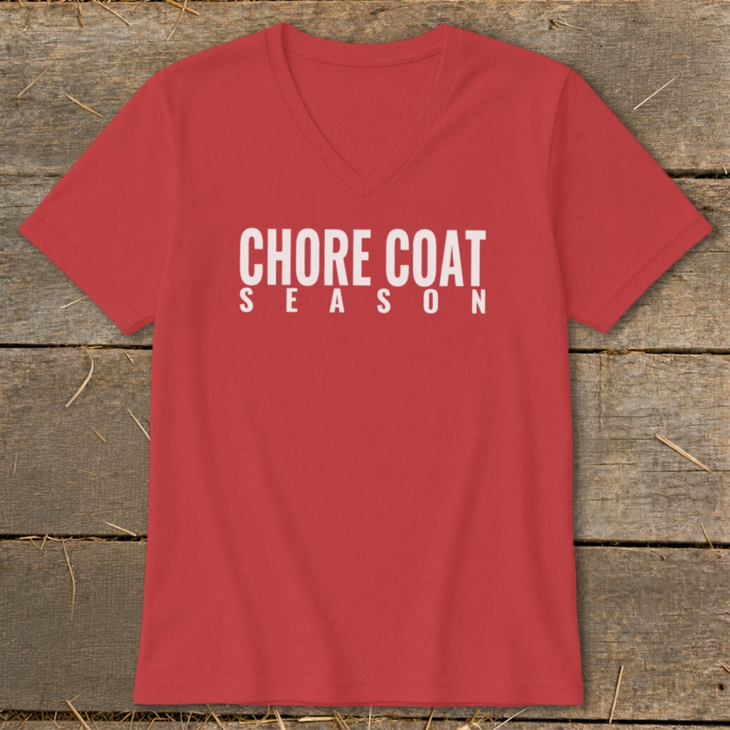 Red v-neck t-shirt with white text "CHORE COAT SEASON".