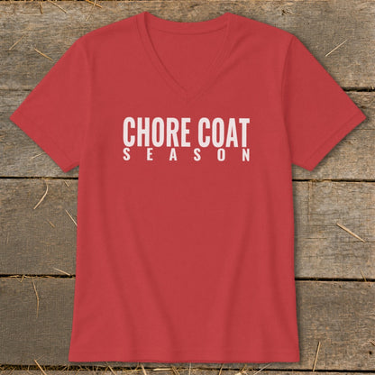 Red v-neck t-shirt with white text "CHORE COAT SEASON".