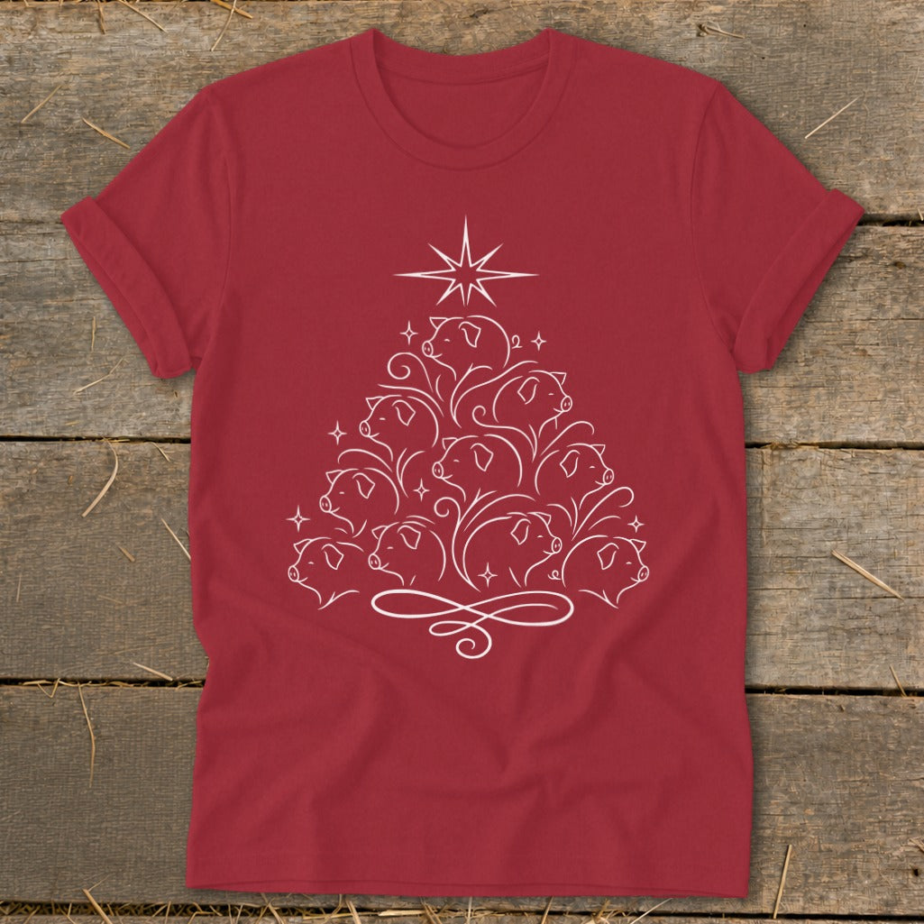Red t-shirt with a white line drawing of a Christmas tree made of pigs.