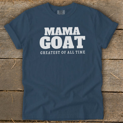 Navy t-shirt with white text reading "MAMA GOAT GREATEST OF ALL TIME".