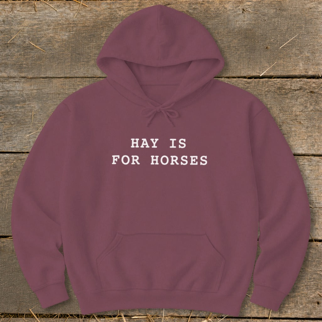 Maroon hoodie with "HAY IS FOR HORSES" text on the front.