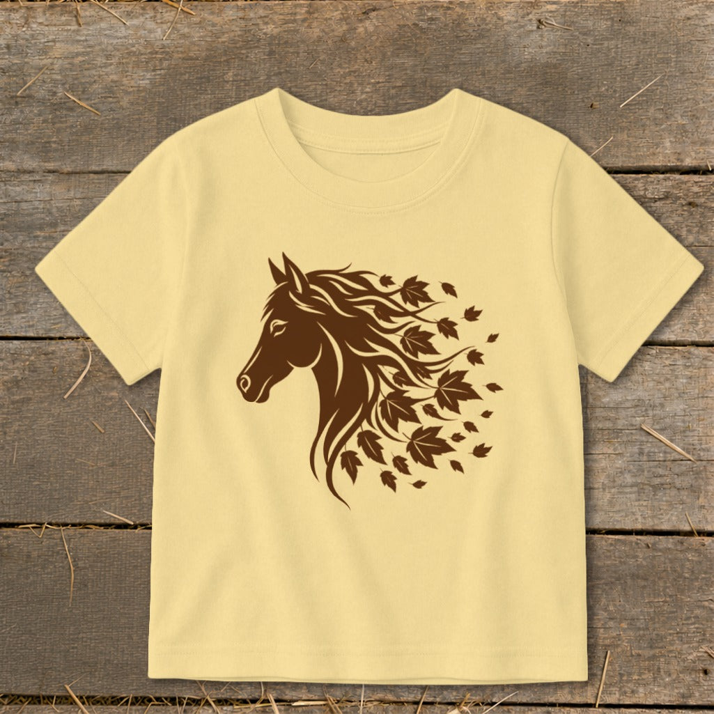 Pale yellow t-shirt with a brown horse head and falling leaves design.