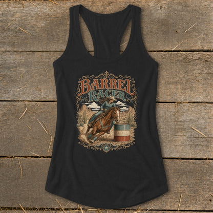 Black tank top with a barrel racer graphic and desert scene.