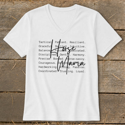 White v-neck shirt with "Horse Mama" and descriptive words like patient, resilient, and loving.