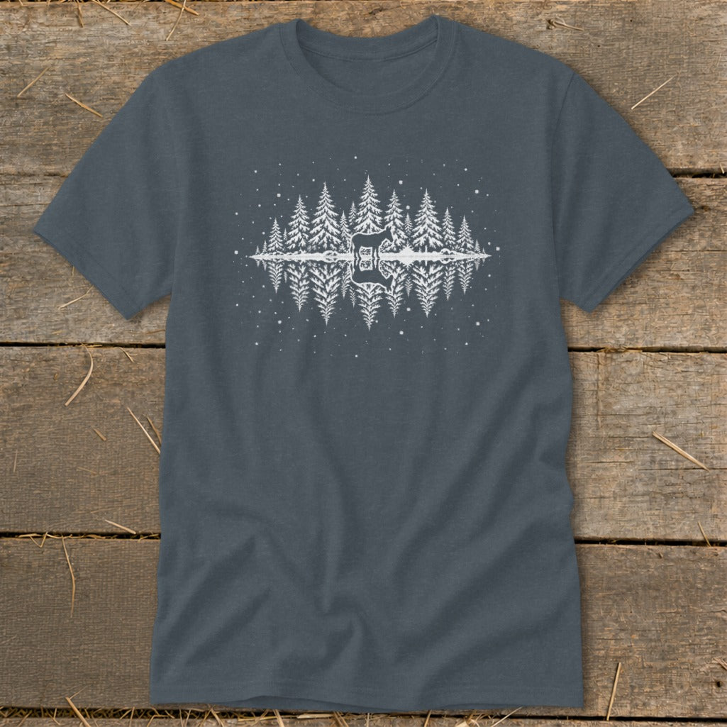 Dark grey t-shirt with white forest and guitar reflection design.