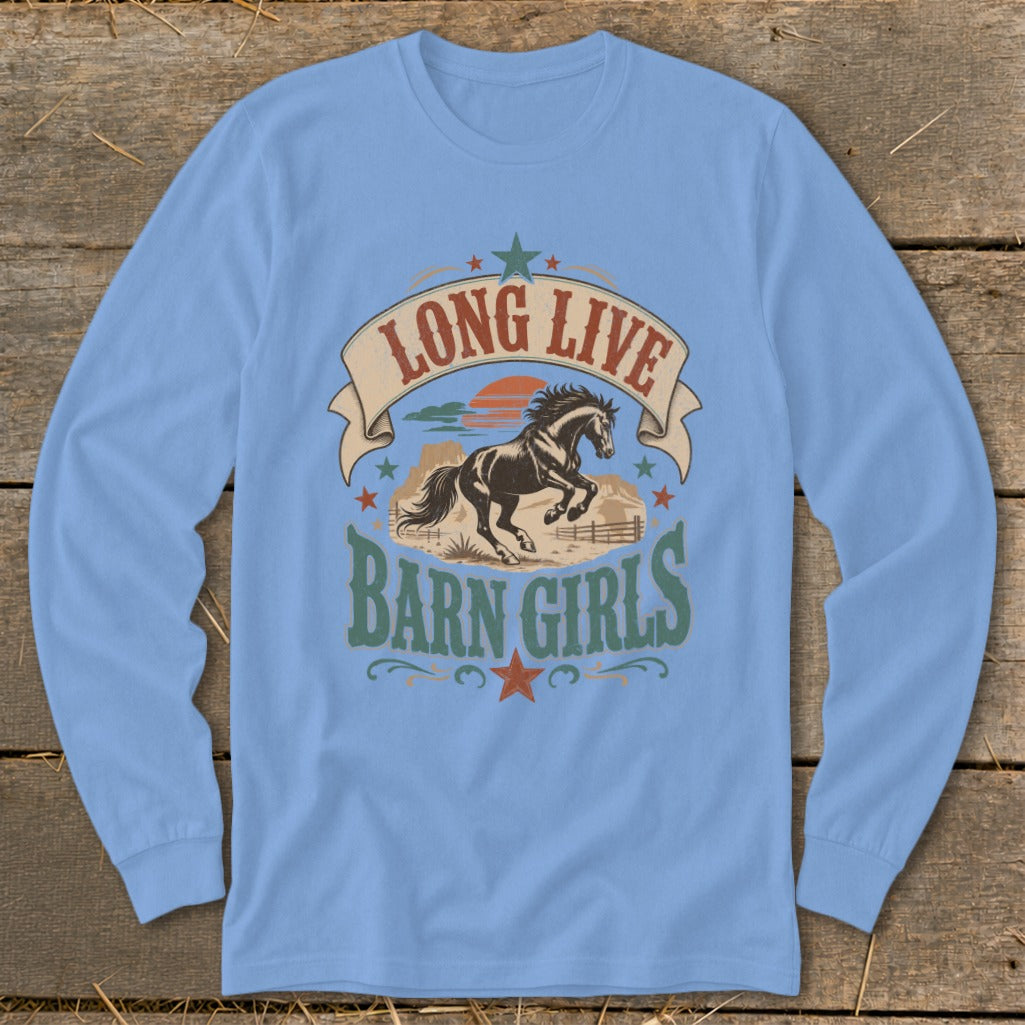 Long live Barn Girls graphic with horse and sunset on a blue long-sleeve shirt.