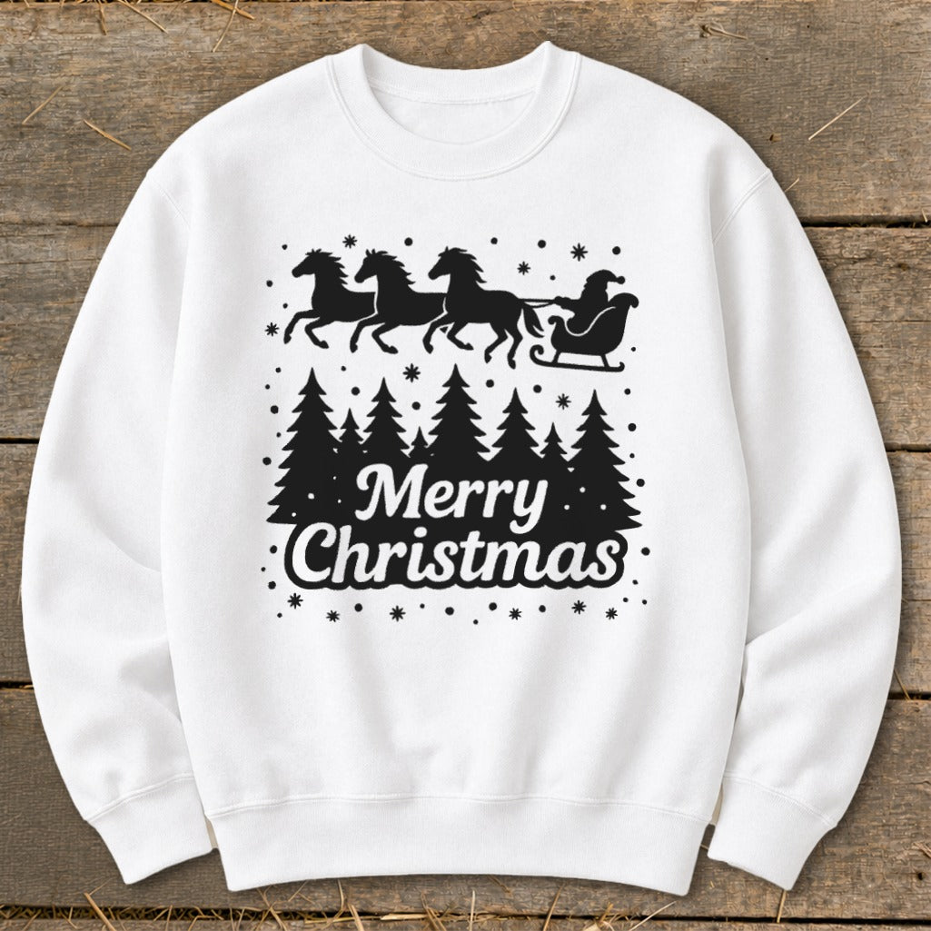 White sweatshirt with black Christmas graphic of Santa in a sleigh pulled by horses over pine trees.