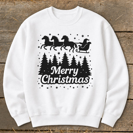 White sweatshirt with black Christmas graphic of Santa in a sleigh pulled by horses over pine trees.