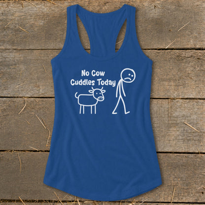 Blue tank top with white text and stick figures of a sad person and a cow.