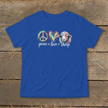 Blue t-shirt with "Peace Love Sheep" text and a colorful sheep graphic.