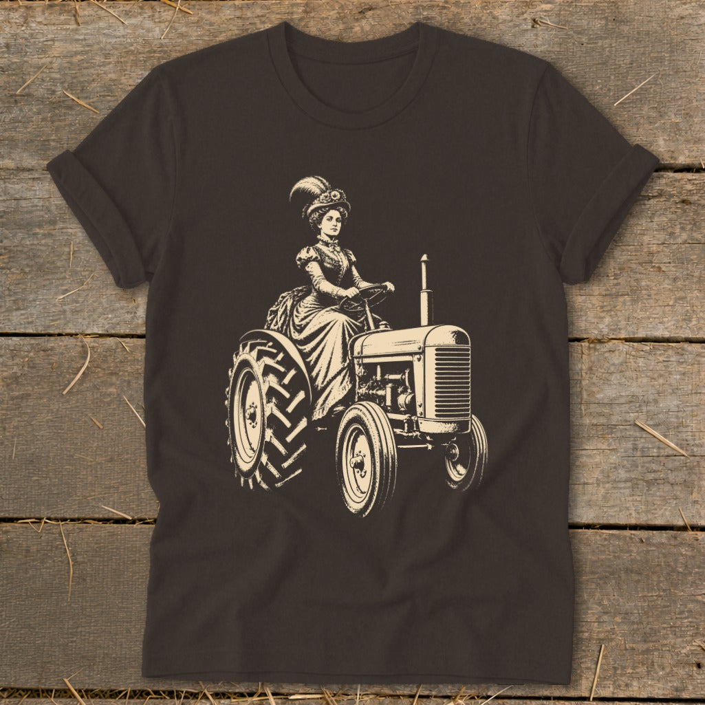Illustration of a woman in a Victorian dress driving a tractor.
