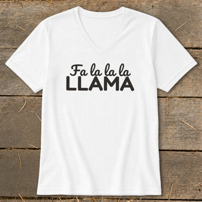 White v-neck t-shirt with black text "Fa la la la la LLAMA"