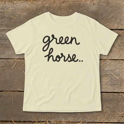 Cream t-shirt with "green horse.." text in black script.