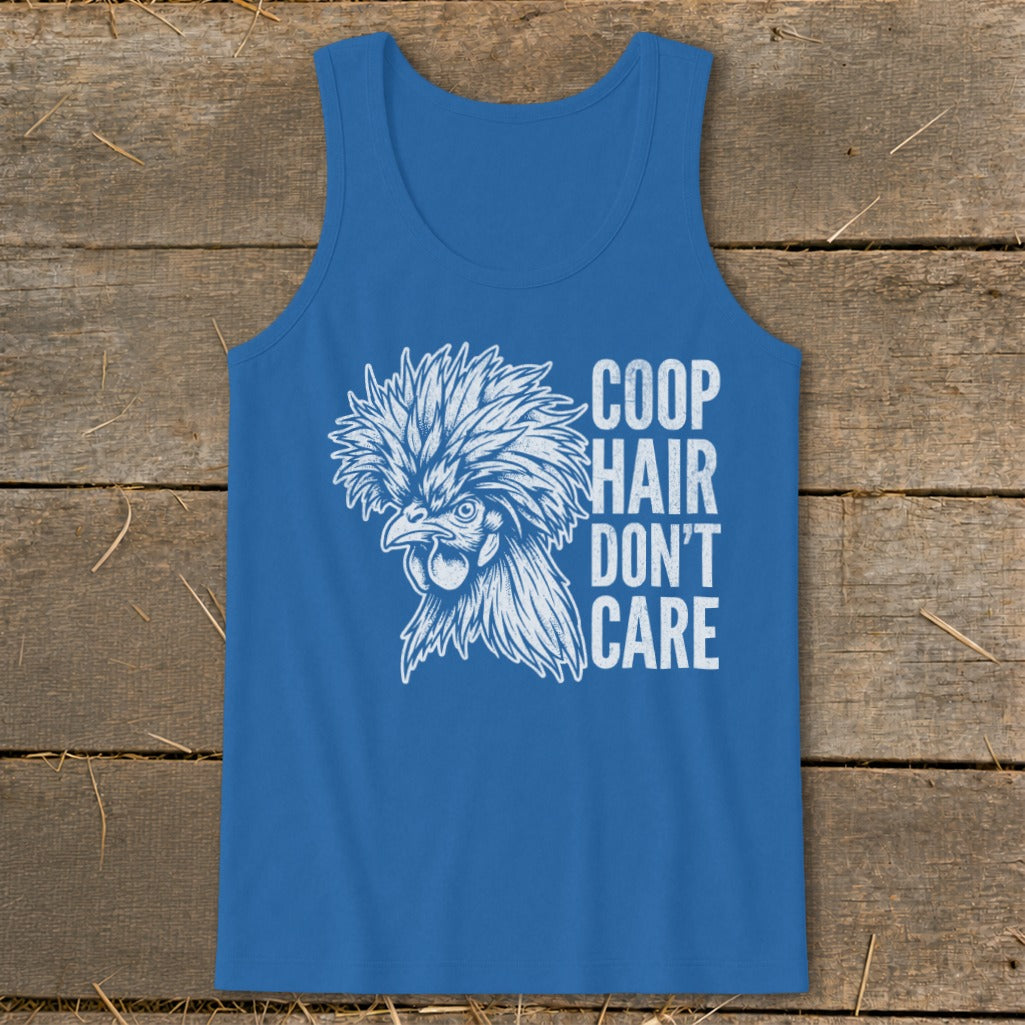 Blue tank top with a distressed white graphic of a crested chicken and text.