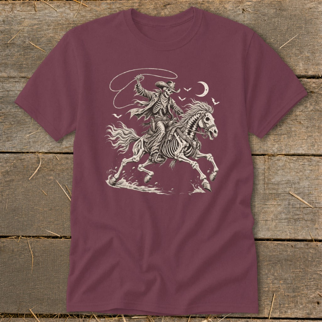 Skeleton cowboy riding a horse and swinging a lasso under a crescent moon.